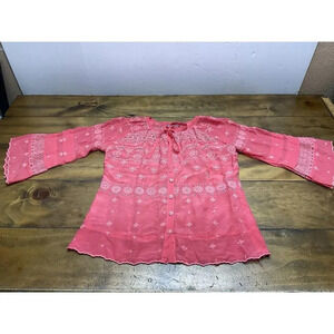 Johnny Was Tay Eylet Floral Embroidered Button Up Top Passionfruit Size XS